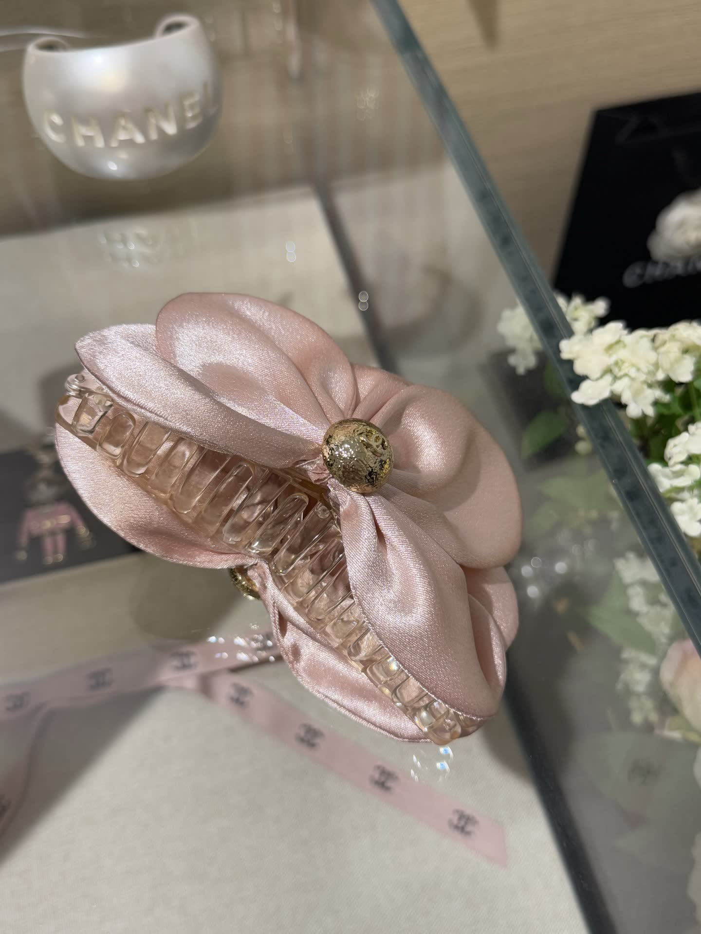 Chanel Elegant Satin Flower Hair Clip with Pearl Accents